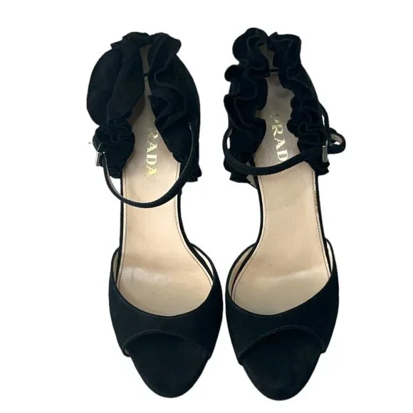 PRADA Open Toe Ruffle Suede Strap Ankle Heel Sandals Women's Size 7 Prom Formal - Picture 2 of 16